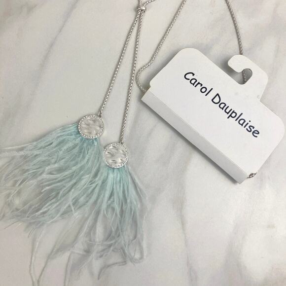 VTG Signed Carol Dauplaise Necklace Silver Tone Light Blue Feathers, Y2K Boho - Picture 4 of 9